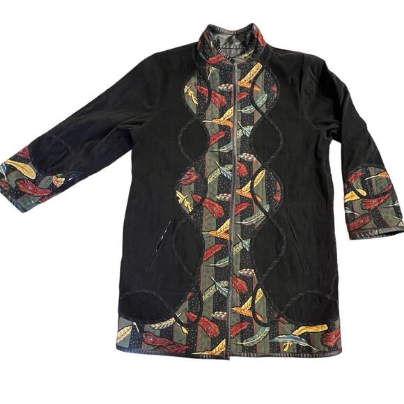 Vintage Koos Of Course! Black Feathers Reversible Vinyl & Polyester Jacket Large - Picture 1 of 16